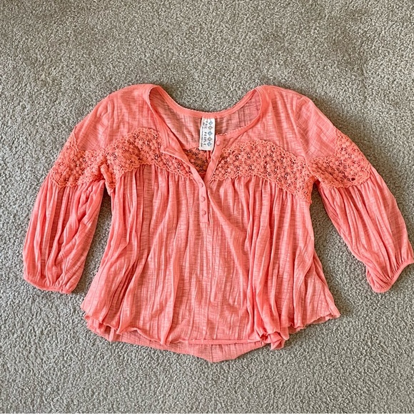🎃Free People Boho Bright Coral Flowy Top Lace Cut Outs Small - Picture 4 of 7